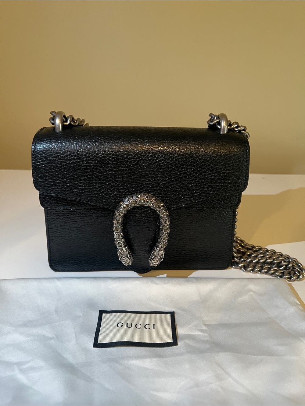 Gucci Black Leather Dionysus Mini Crossbody with Silver-Tone Hardware